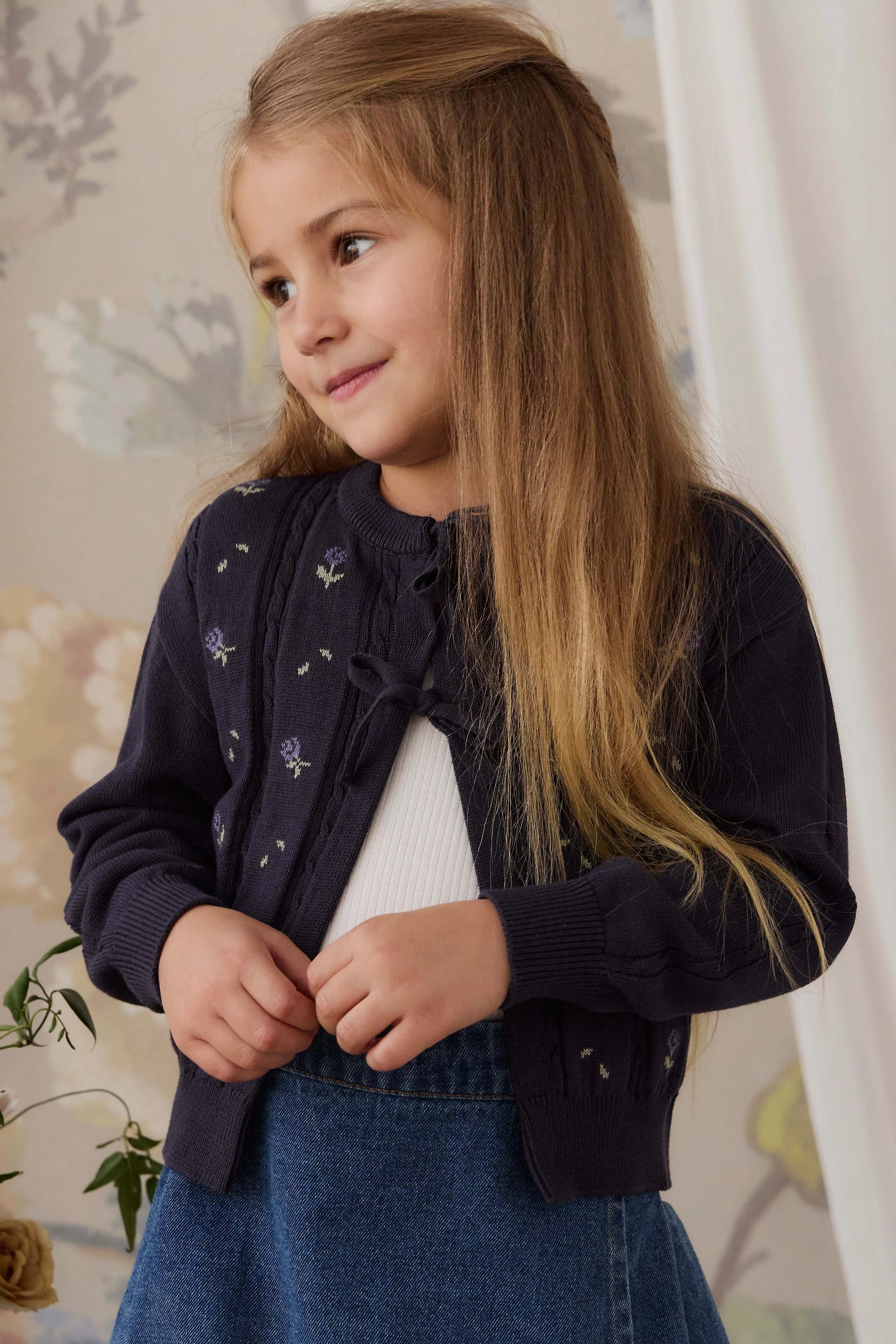 Annabella Knitted Cardigan in Jade Floral Navy Jacquard