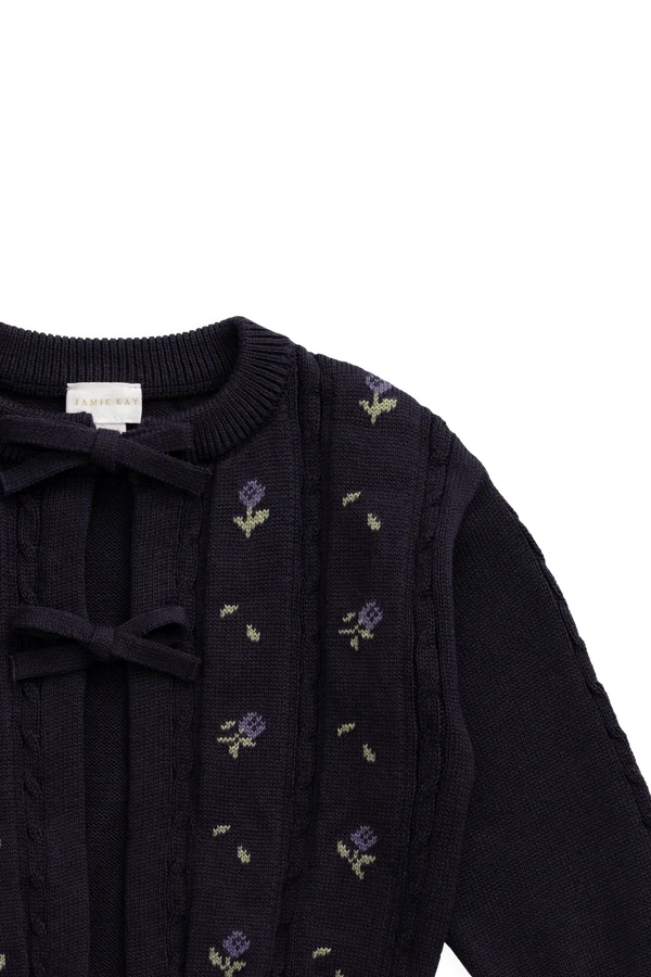 Annabella Knitted Cardigan in Jade Floral Navy Jacquard
