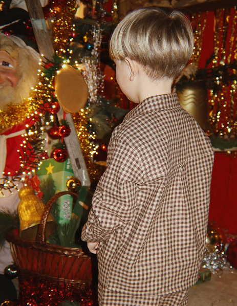 Boy in a checked holiday outfit beside Christmas decorations
