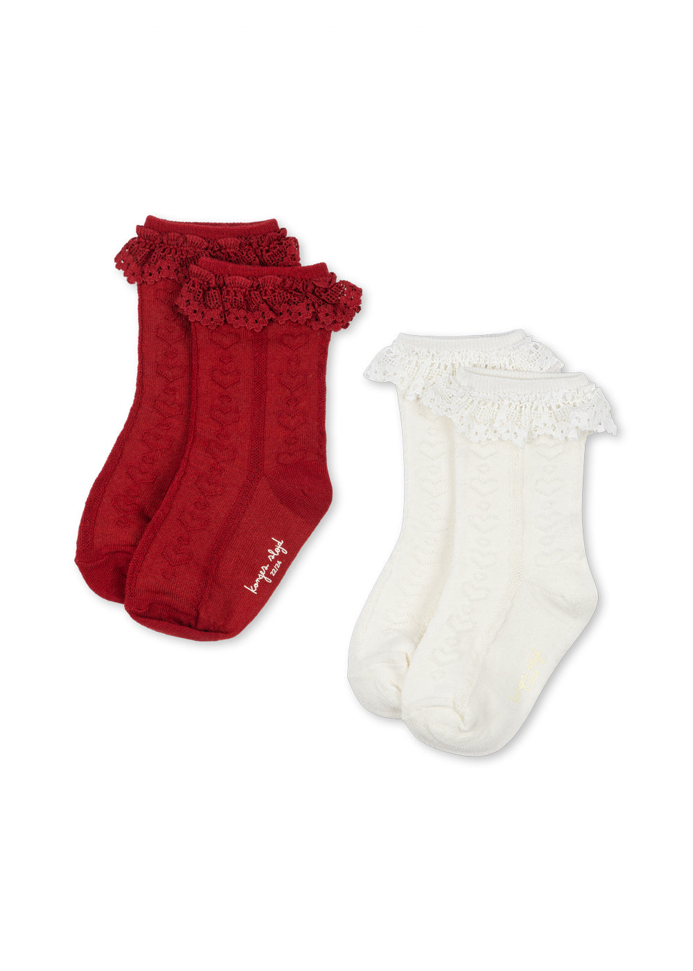 Konges Sløjd 2 Pack Pointelle Frill Socks in Red/Off White